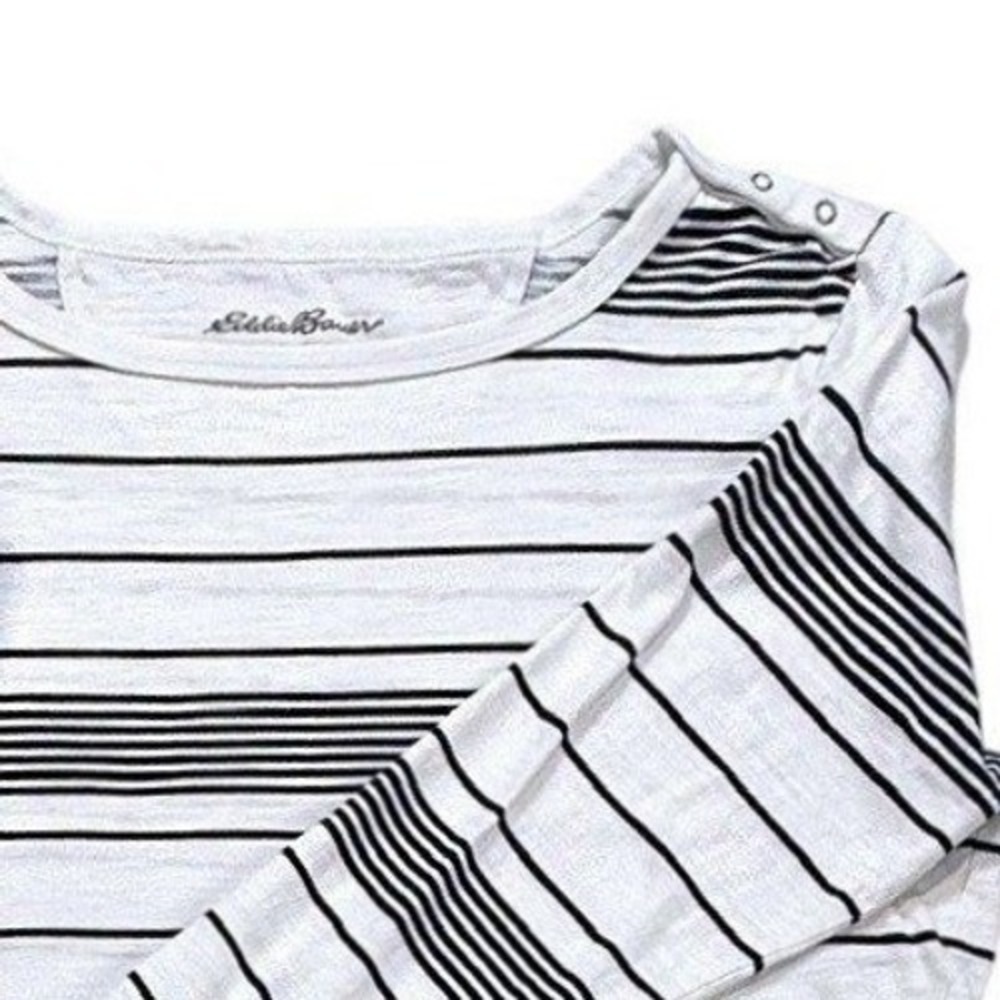 Eddie Bauer Womens White Black Striped Slub Cotton Boat Neck Snap Top Large